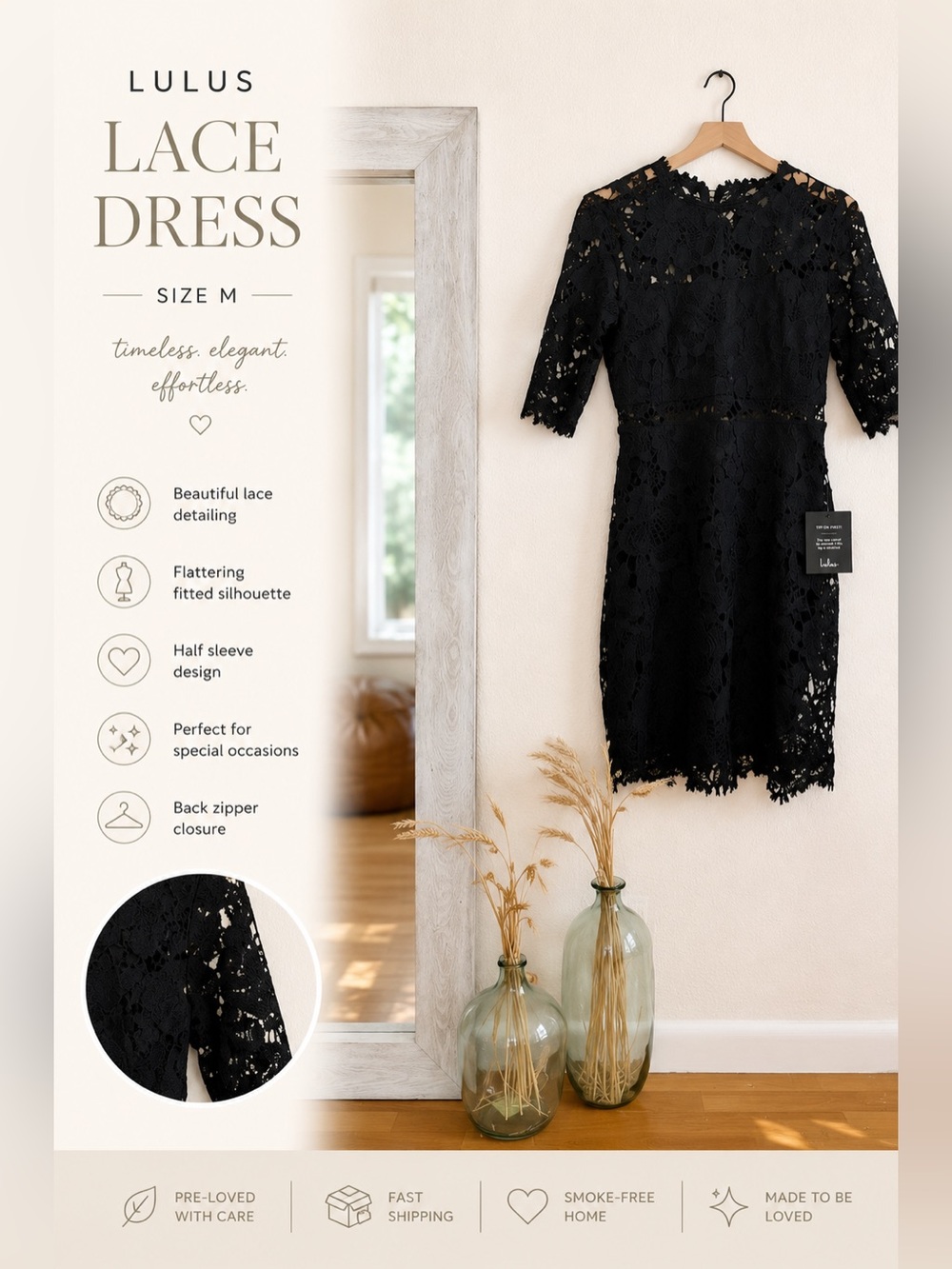 🖤✨ Lulus Black Lace Dress – Size M ✨🖤